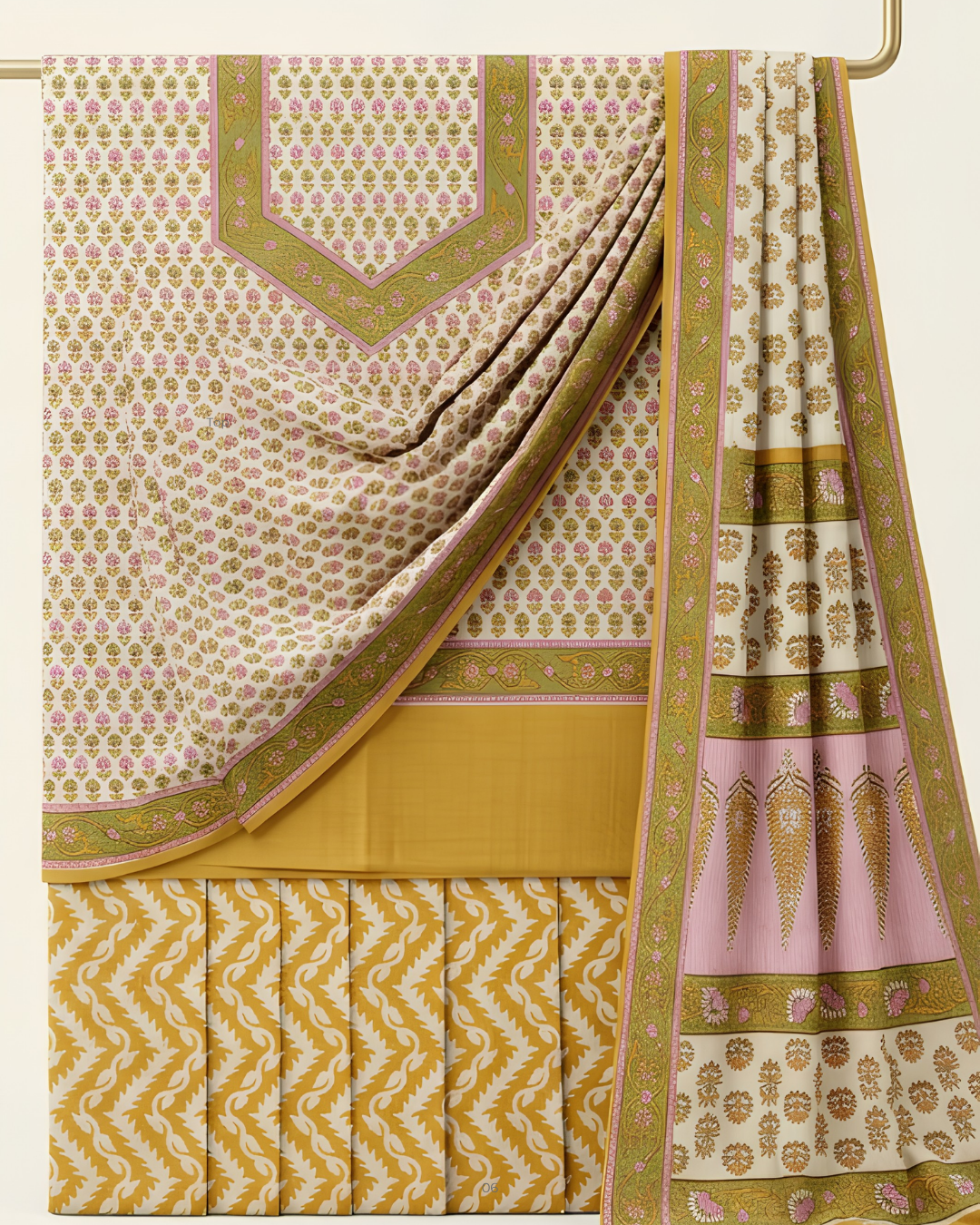 South Cotton Floral Block Print Suit Set – Mustard & Ivory