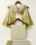 South Cotton Geometric Block Print Suit Set in sage green and gold zari