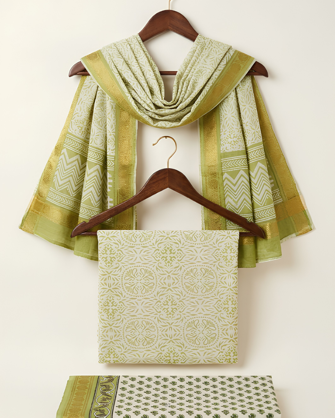 South Cotton Geometric Block Print Suit Set in sage green and gold zari